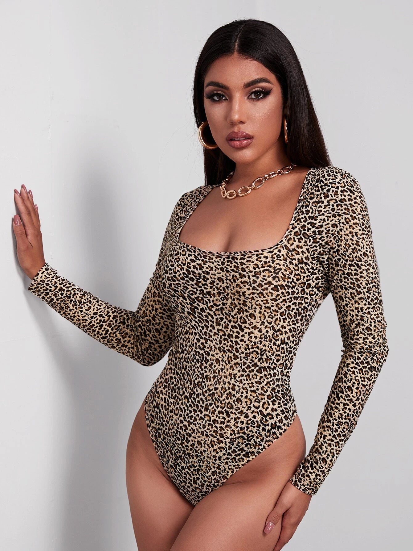 Leopard Print Long Sleeve Cheeky Bodysuit Comfy Jumpsuits 6380