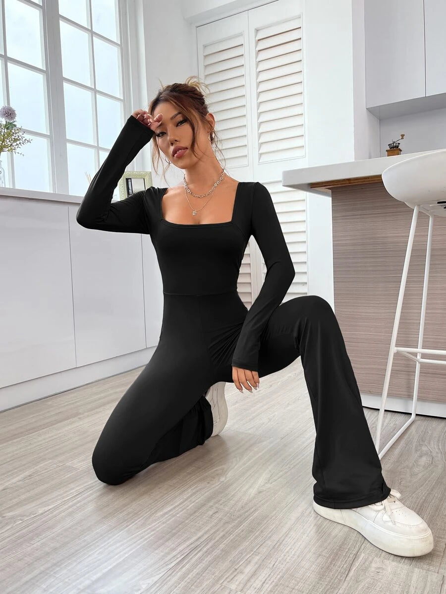 Square Neck Flare Leg Jumpsuit Comfy Jumpsuits