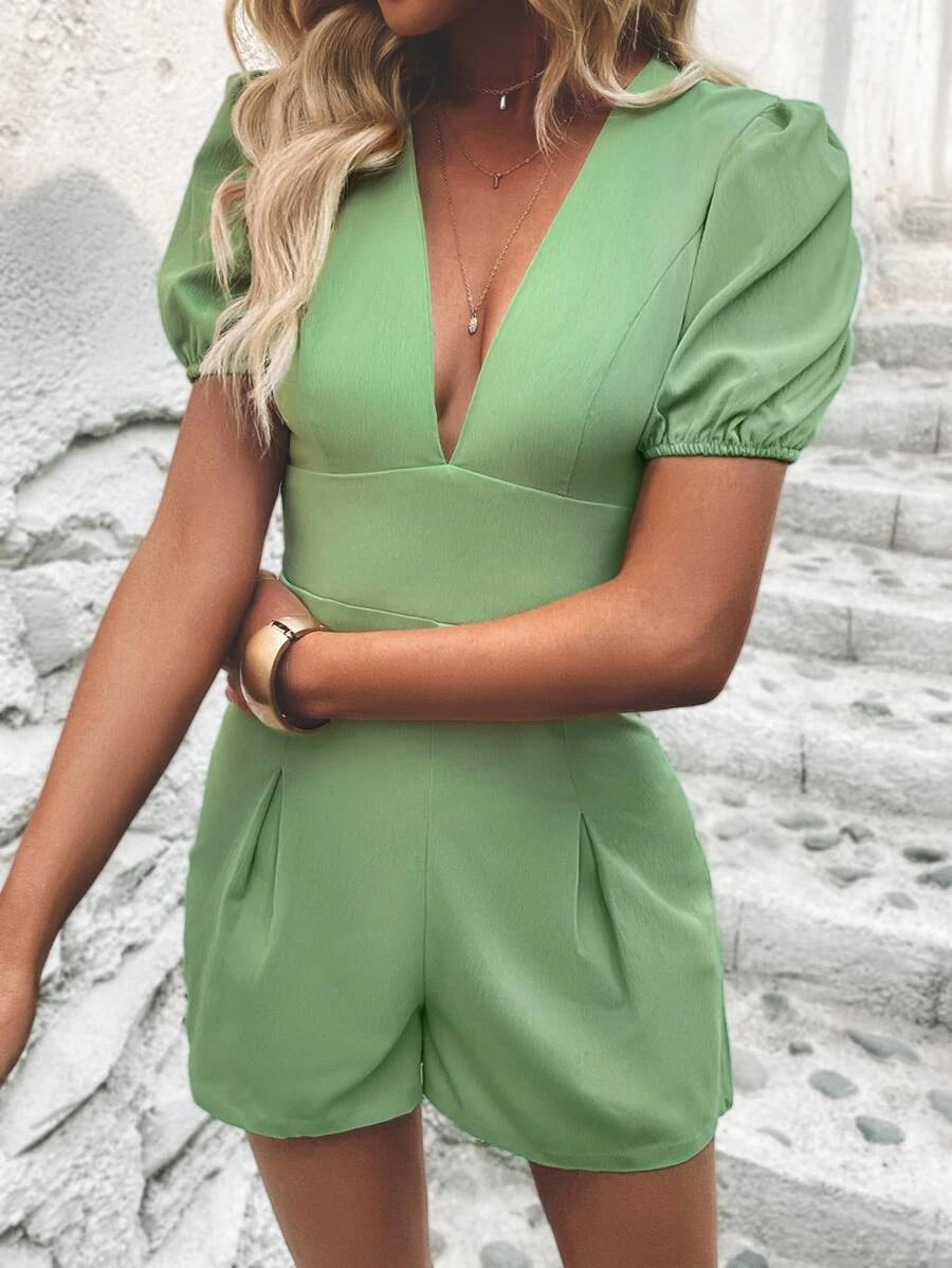 Plunging Neck Puff Sleeve Romper Comfy Jumpsuits 1109