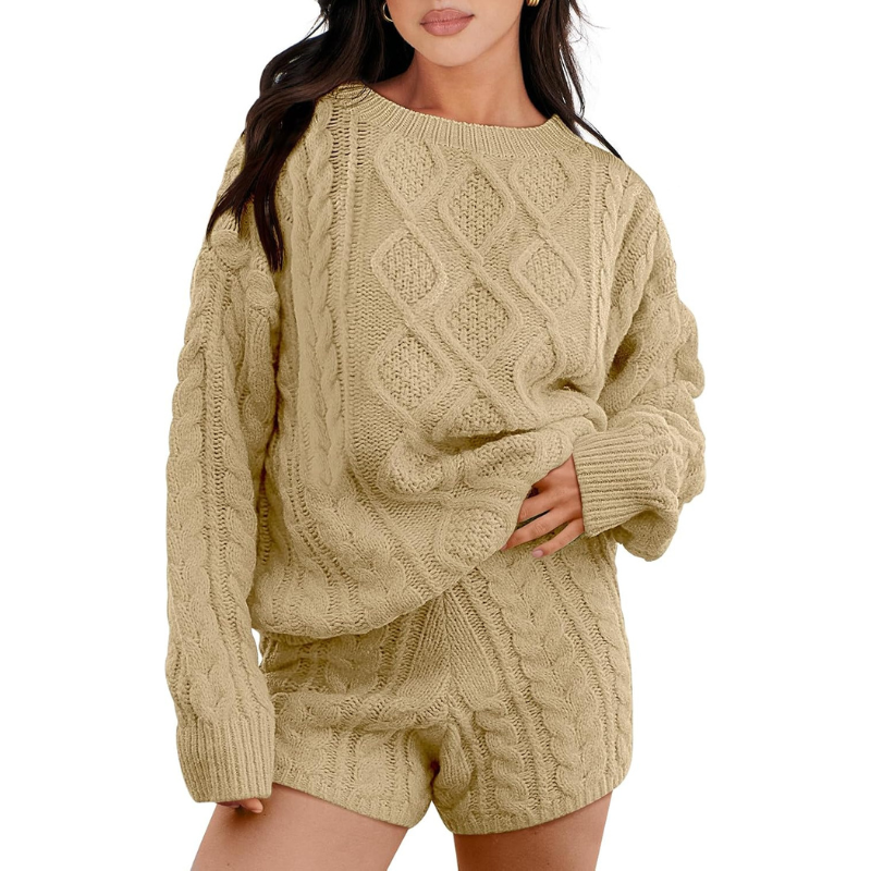 2 Piece Casual Cable Knit Sweater And Shorts Set