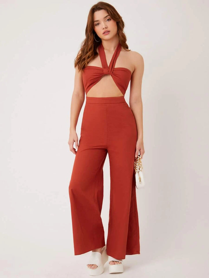 Cutout Front Tie Backless Halter Jumpsuit