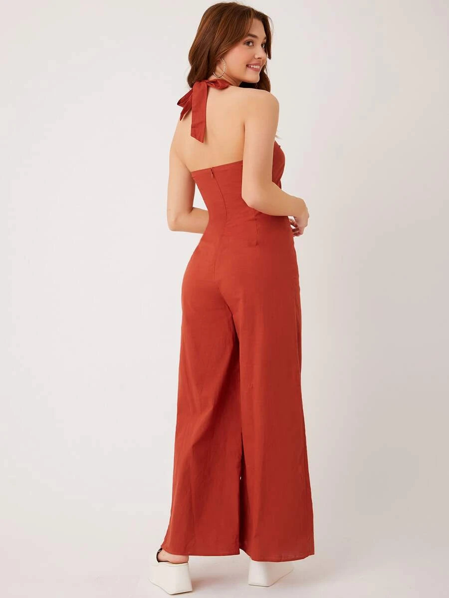 Cutout Front Tie Backless Halter Jumpsuit