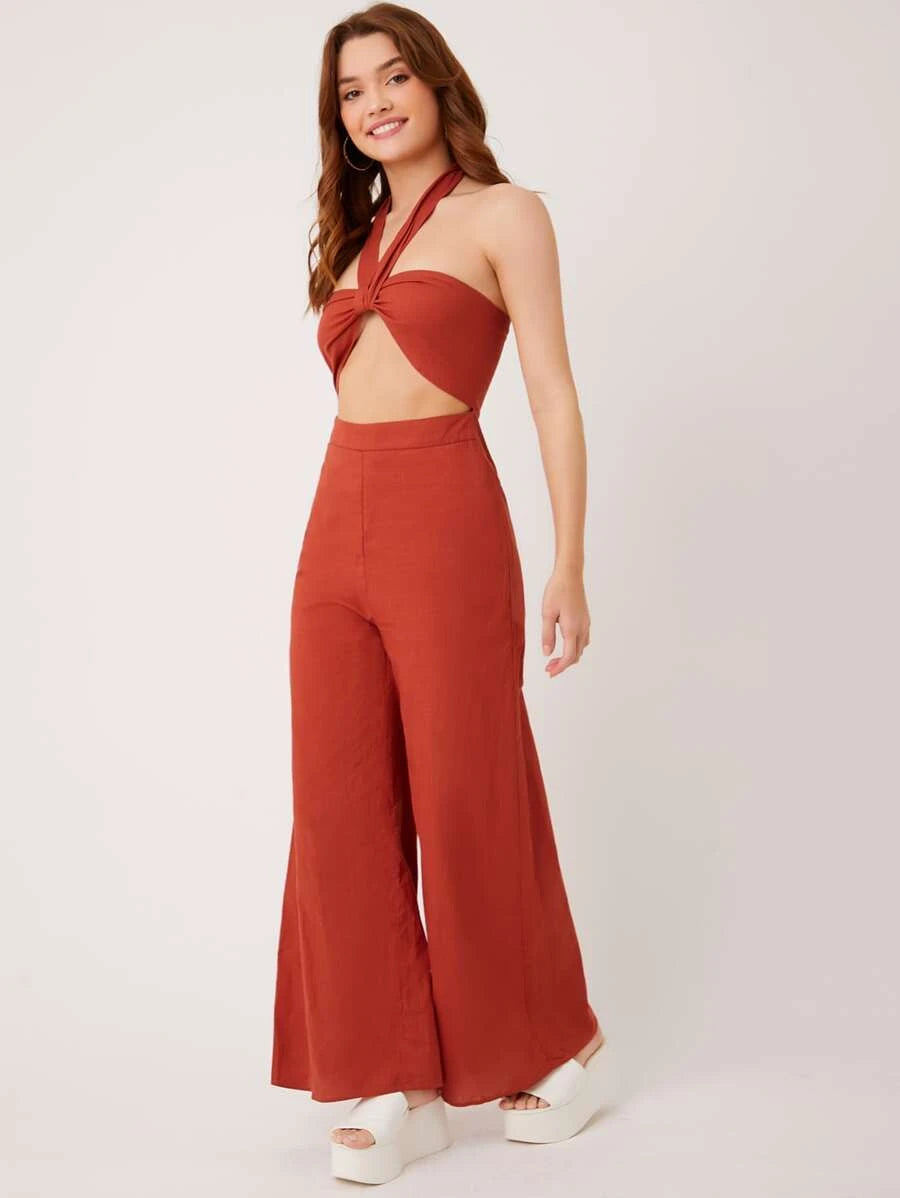 Cutout Front Tie Backless Halter Jumpsuit