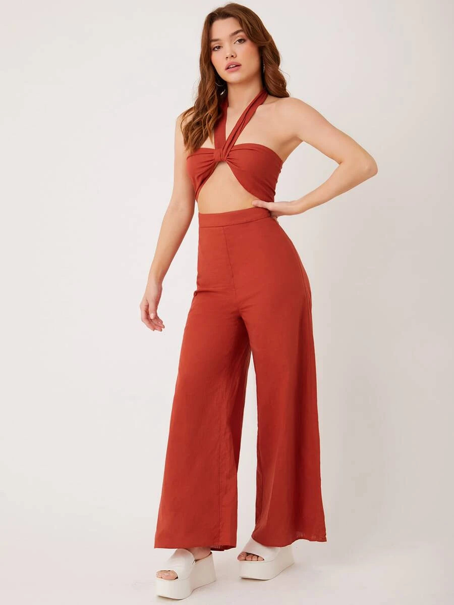 Cutout Front Tie Backless Halter Jumpsuit