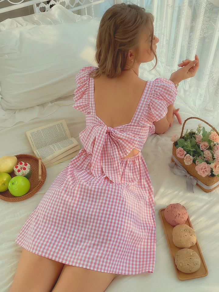 Barbie Gingham Print Butterfly Sleeve Tie Backless Dress