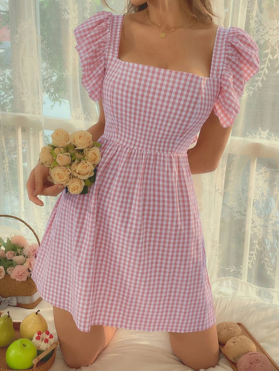 Barbie Gingham Print Butterfly Sleeve Tie Backless Dress