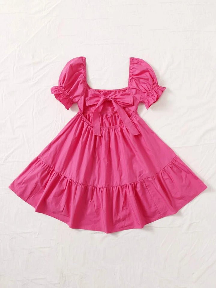 Barbie Square Puff Sleeve Ruffle Hem Dress