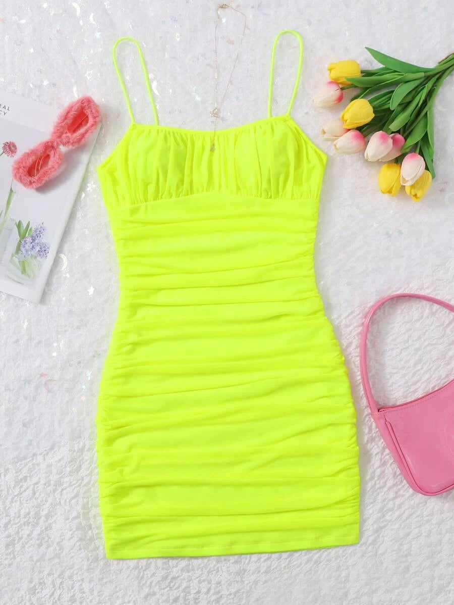 Barbie Neon Ruched Mesh Slim Fit Dress