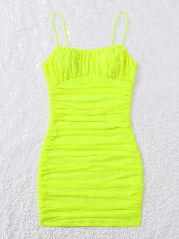 Barbie Neon Ruched Mesh Slim Fit Dress