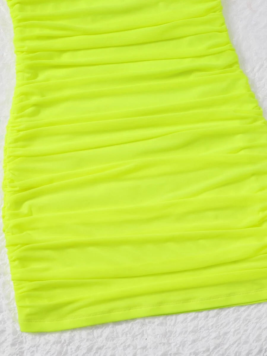 Barbie Neon Ruched Mesh Slim Fit Dress