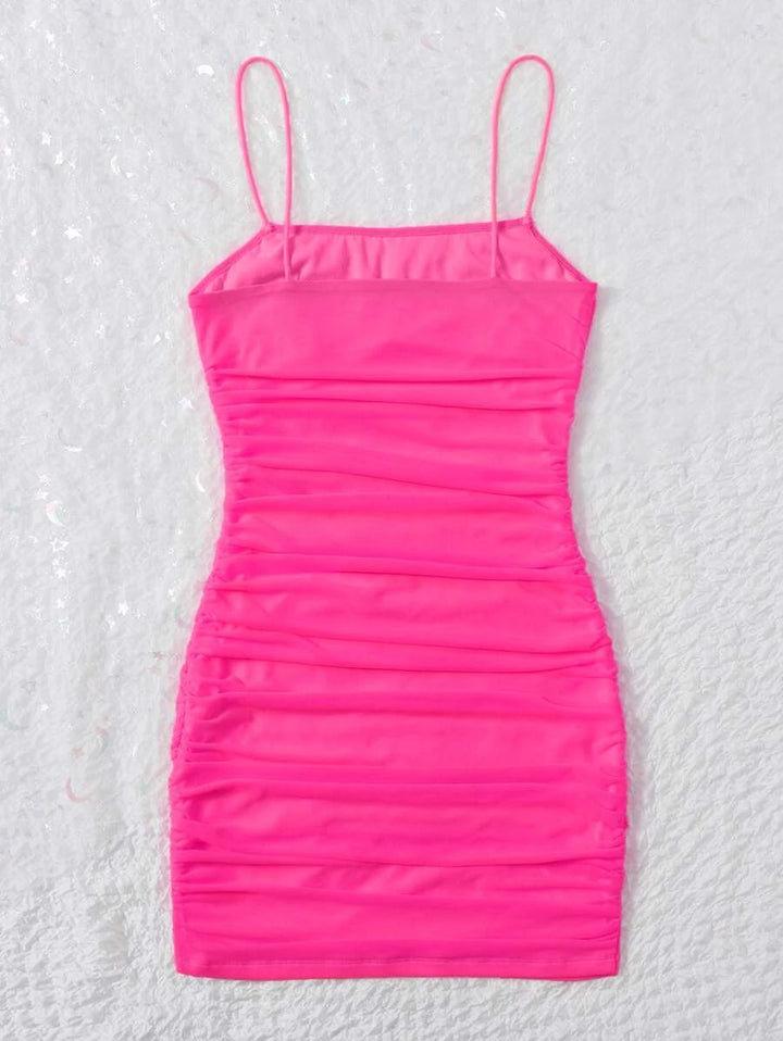 Barbie Neon Ruched Mesh Slim Fit Dress