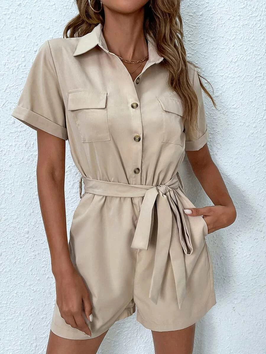 Solid Button Front Belted Shirt Romper