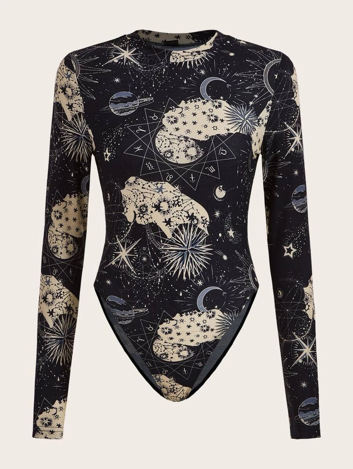 Closed Neck Moon Star Print Bodysuit