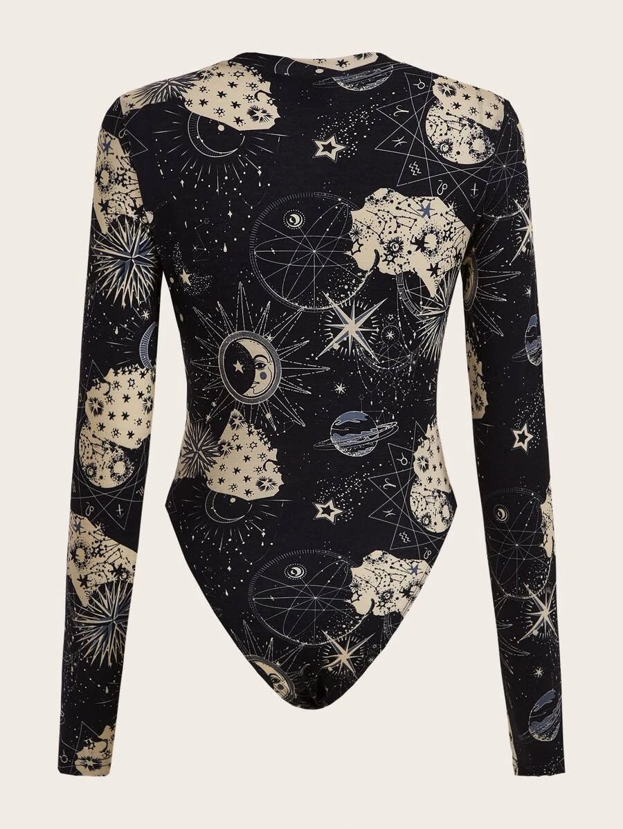 Closed Neck Moon Star Print Bodysuit