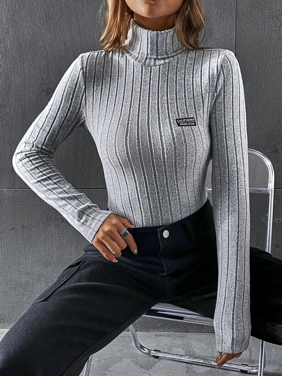 Thick Grey Striped Line Patched High Neck Bodysuit