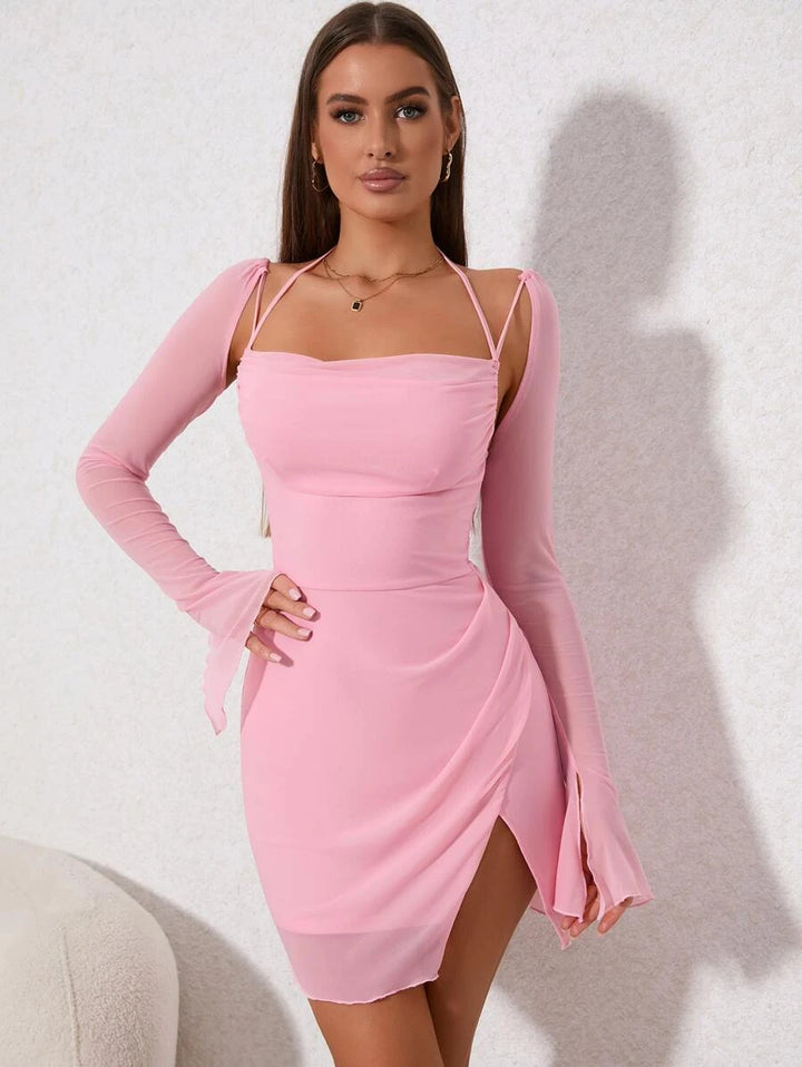 Barbie Draped Collar Flounce Sleeve Split Hem Mesh Dress