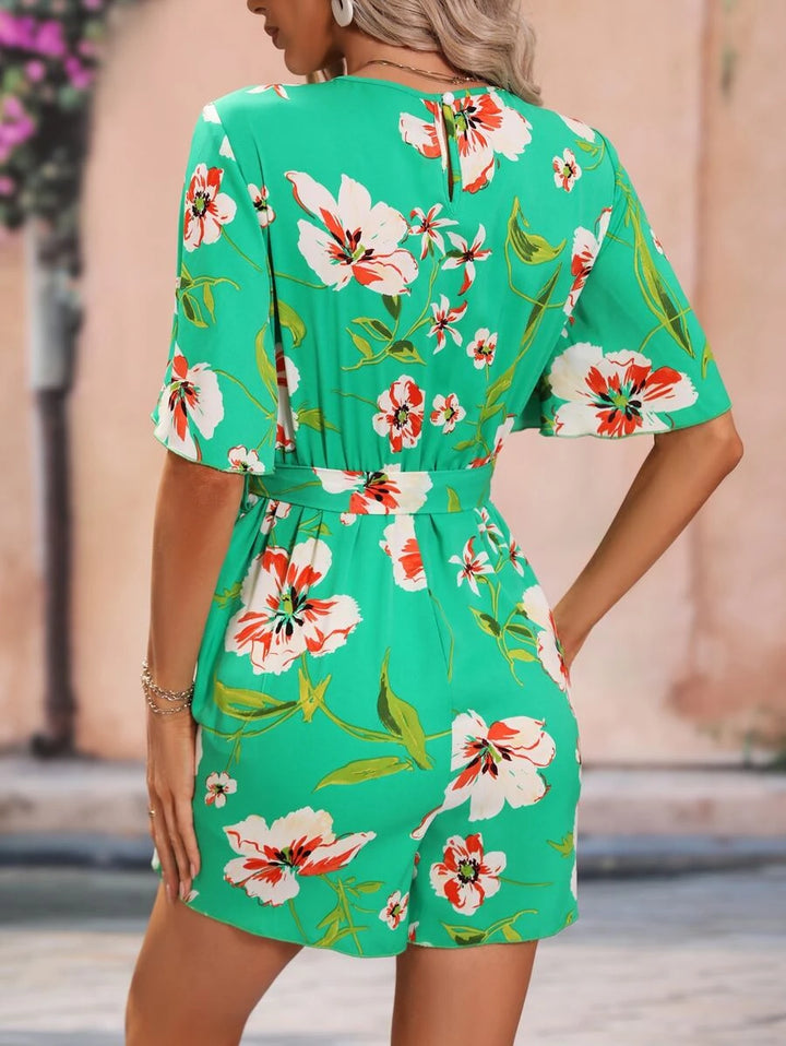 Floral Print V Neck Butterfly Sleeve Belted Romper