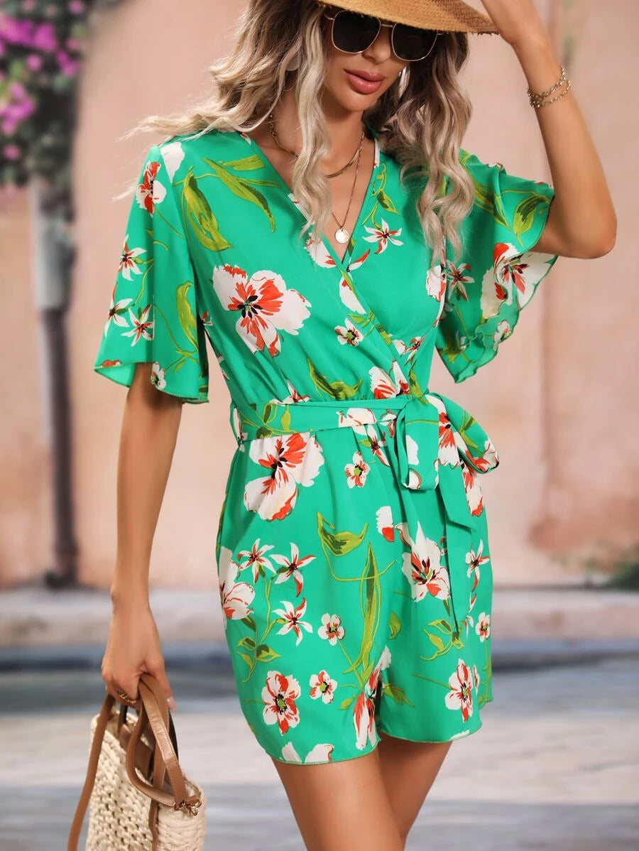 Floral Print V Neck Butterfly Sleeve Belted Romper