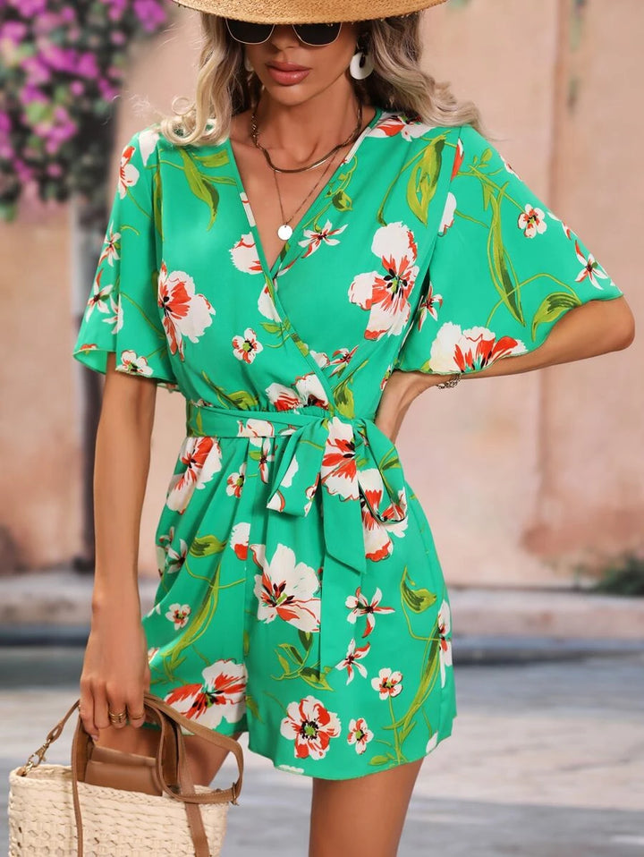 Floral Print V Neck Butterfly Sleeve Belted Romper