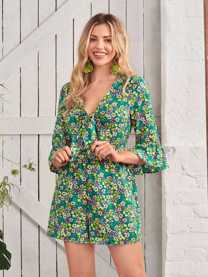 Floral Print Knot Front Flounce Sleeve Romper