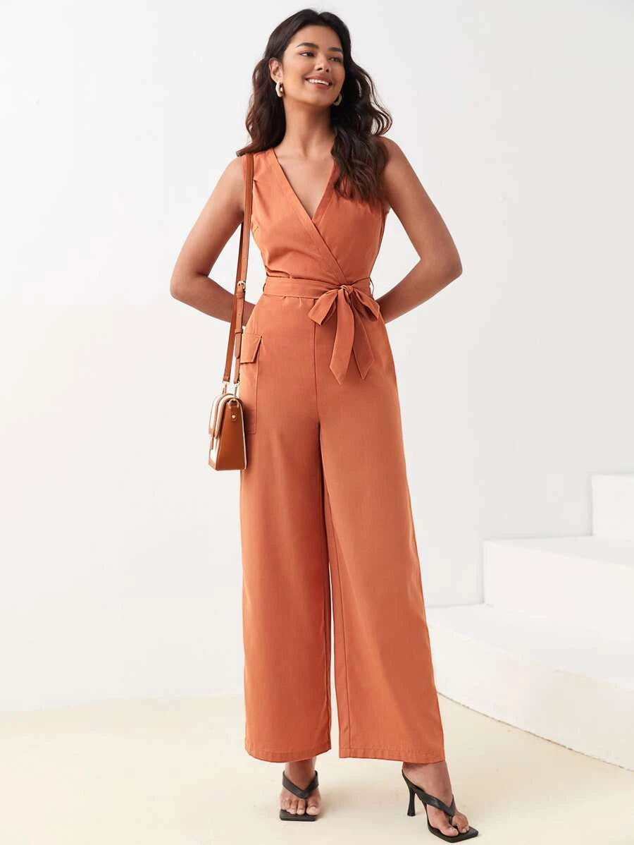 Surplice Neck Belted Wide Leg Jumpsuit Comfy Jumpsuits