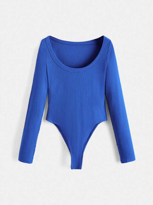 Scoop Neck Ribbed Knit Blue Bodysuit