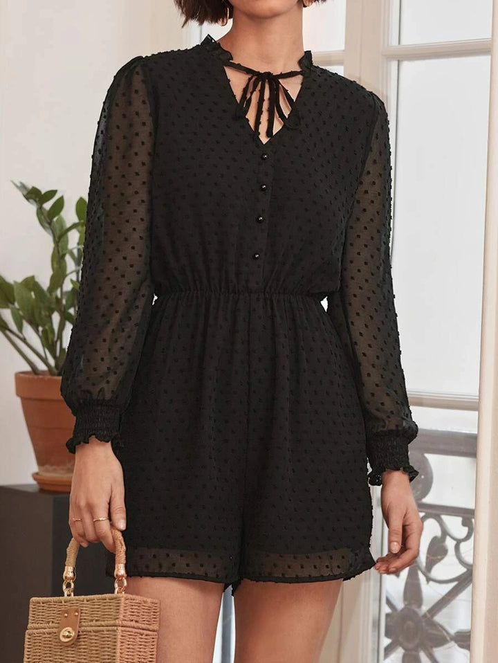 Frenchy Swiss Dot Tie Neck Chiffon Romper