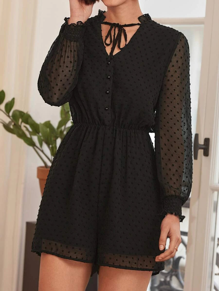 Frenchy Swiss Dot Tie Neck Chiffon Romper