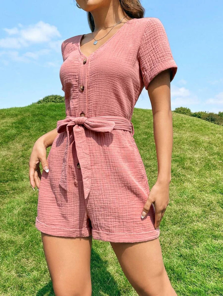 Easy Wear Button Front Belted Romper