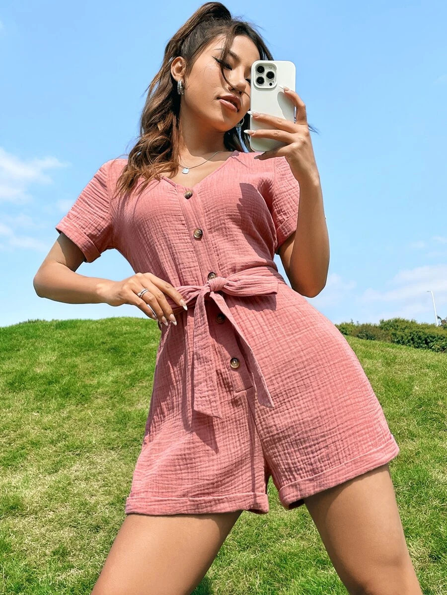 Easy Wear Button Front Belted Romper