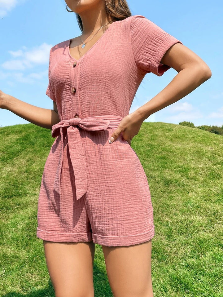 Easy Wear Button Front Belted Romper