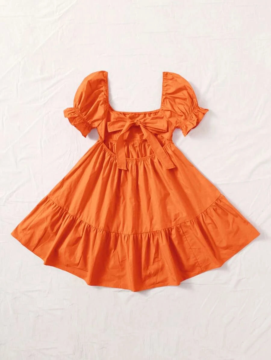 Barbie Square Puff Sleeve Ruffle Hem Dress