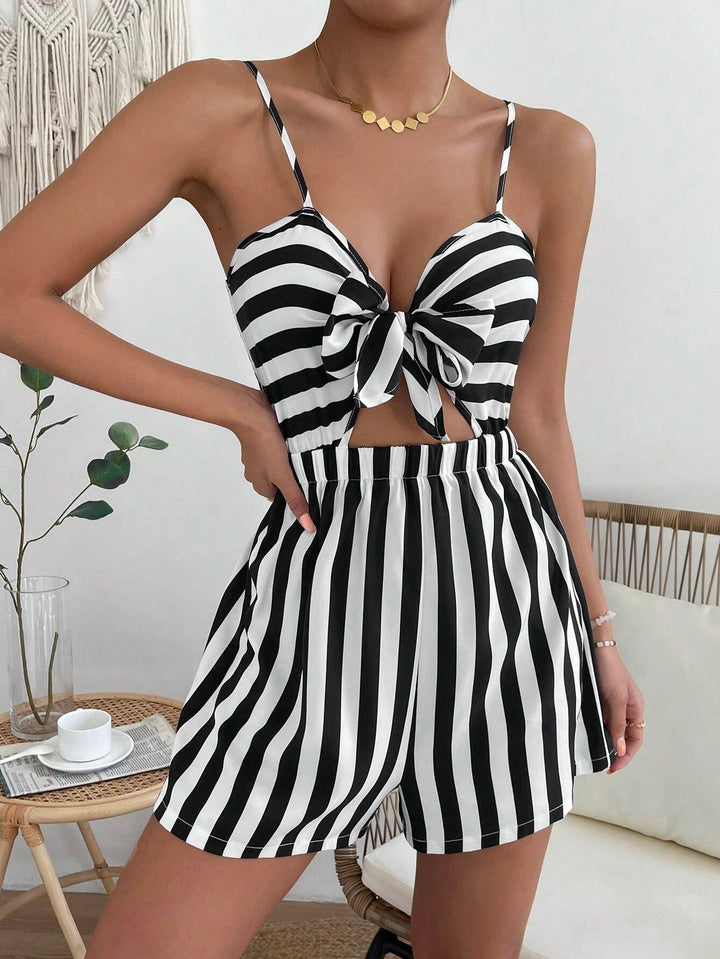 Striped Print Shirred Knot Front Romper