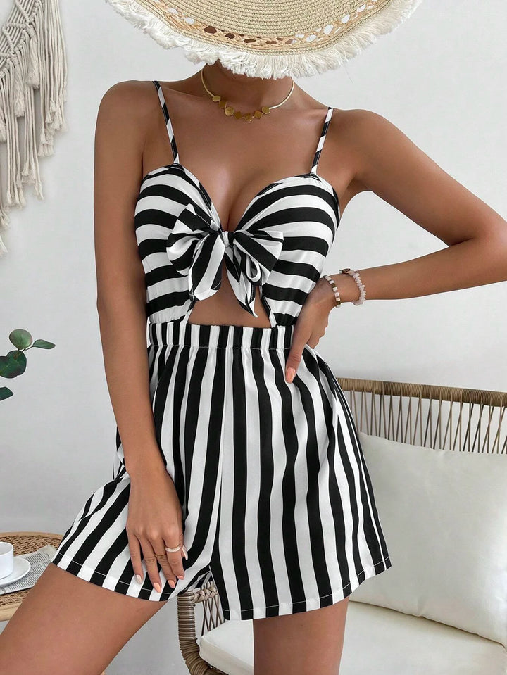 Striped Print Shirred Knot Front Romper