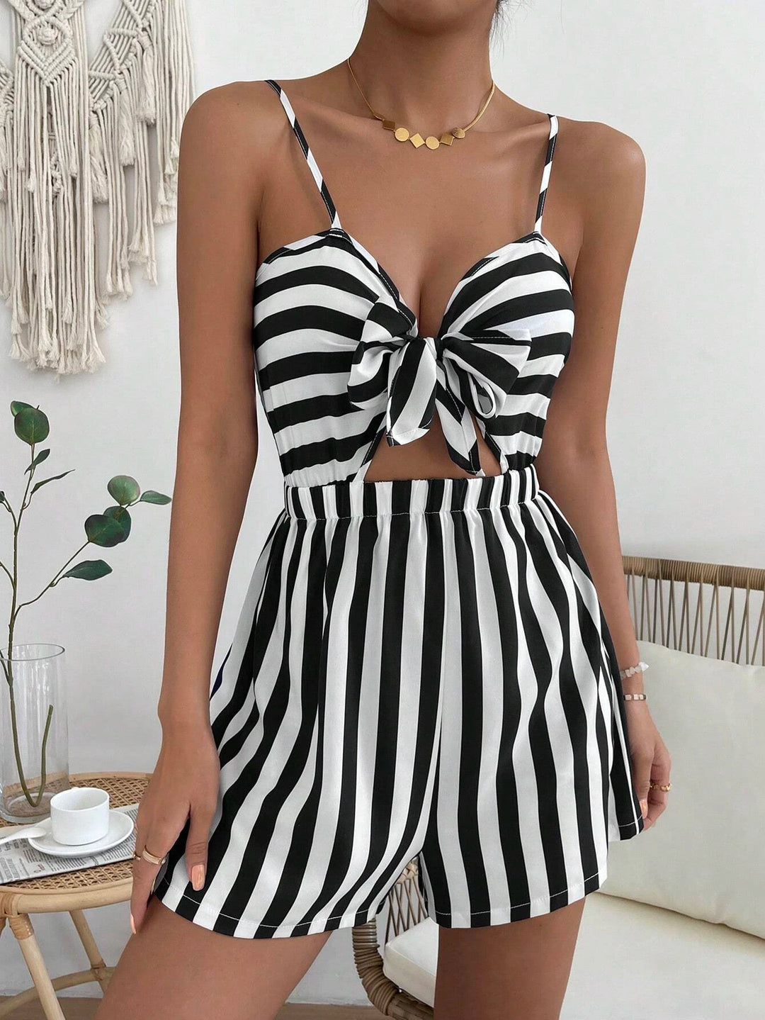 Striped Print Shirred Knot Front Romper