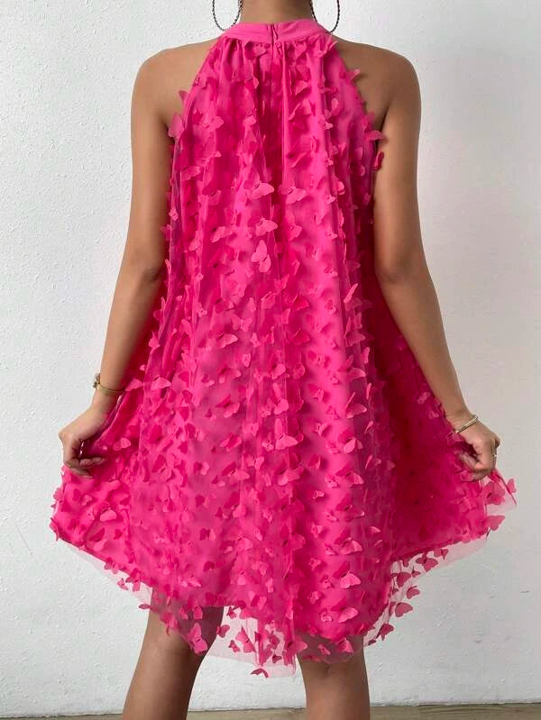 Barbie Butterfly Appliques Mesh Overlay Halter Dress