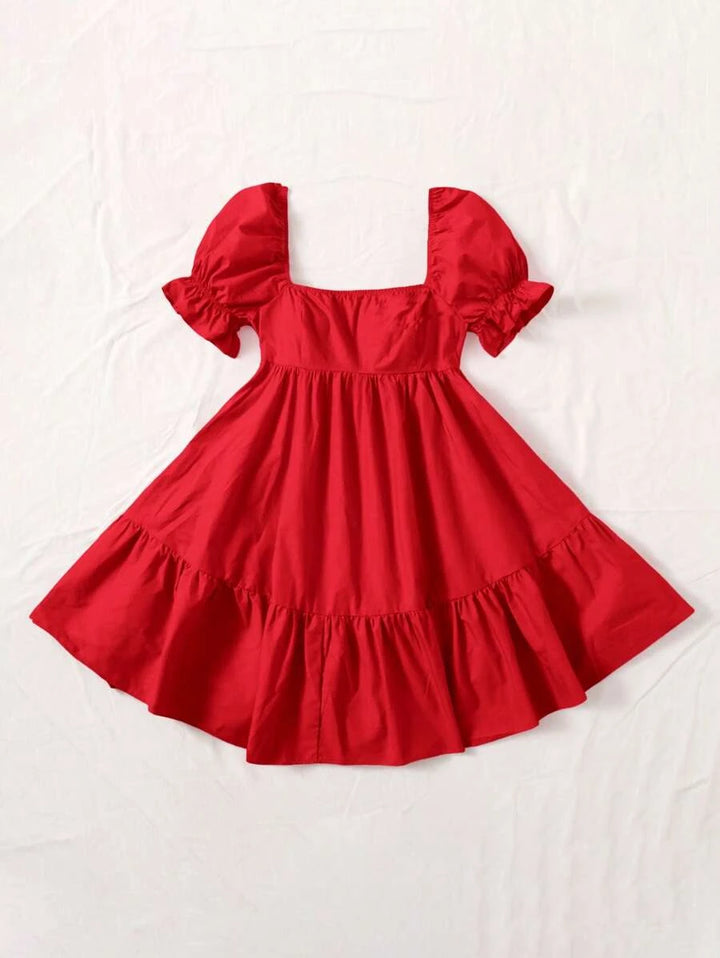 Barbie Square Puff Sleeve Ruffle Hem Dress