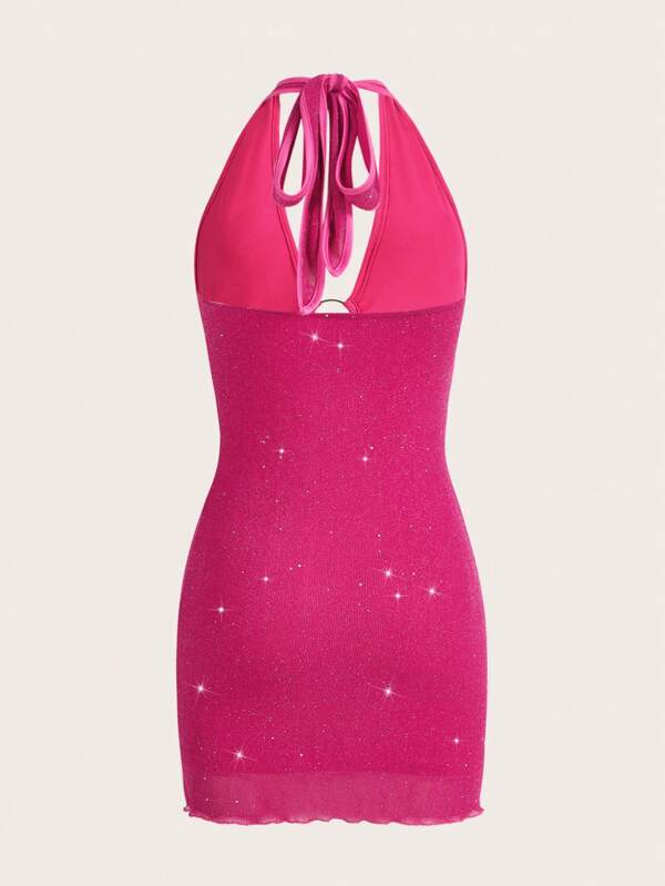 Barbie Cut Out Tie Backless Lettuce Trim Glitter Bodycon Dress