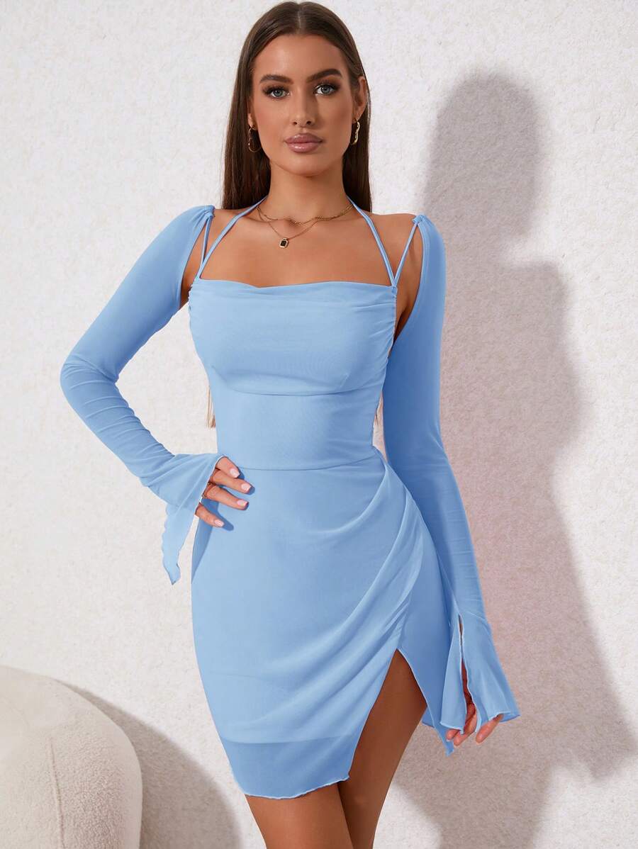 Barbie Draped Collar Flounce Sleeve Split Hem Mesh Dress