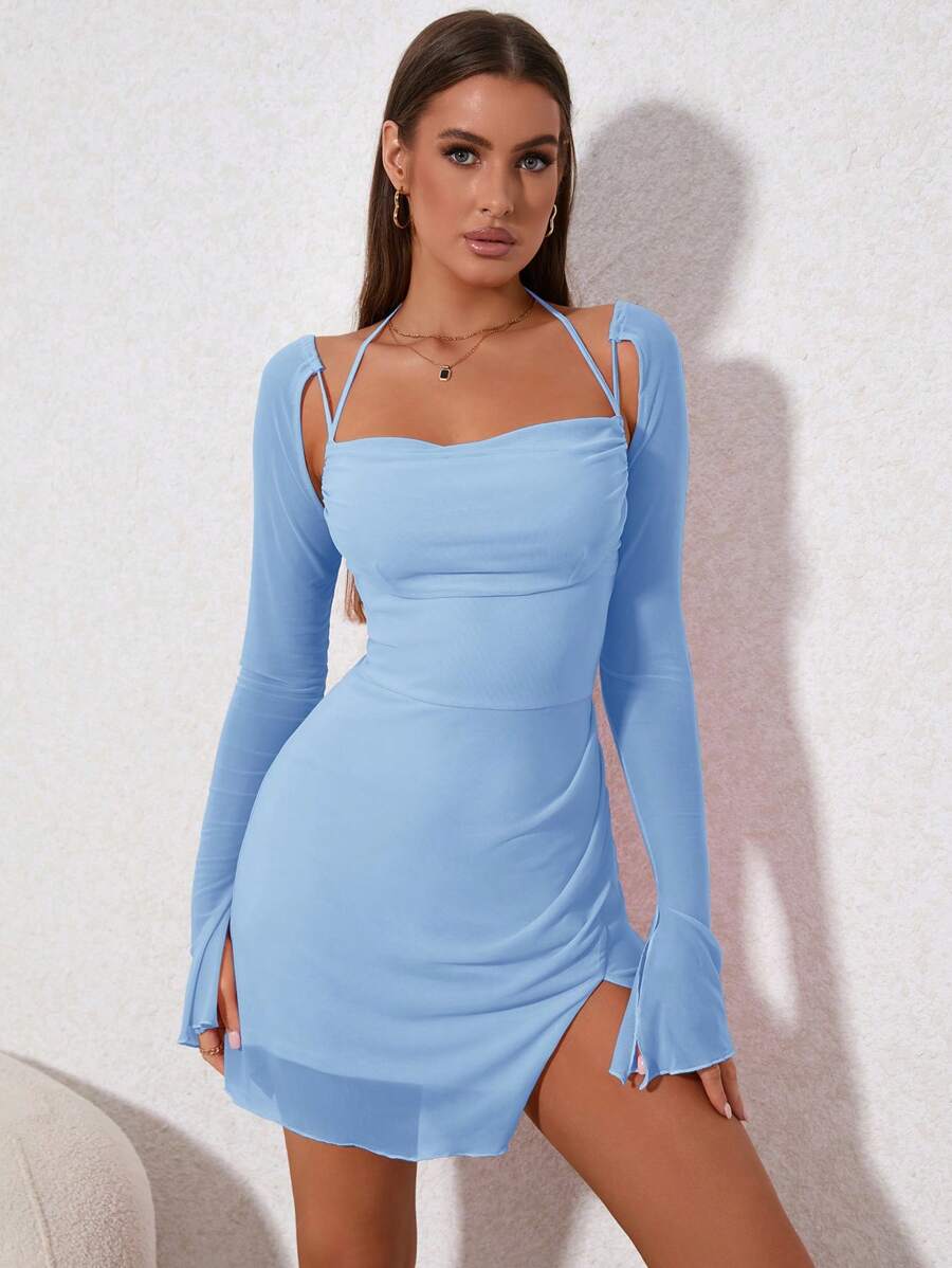 Barbie Draped Collar Flounce Sleeve Split Hem Mesh Dress