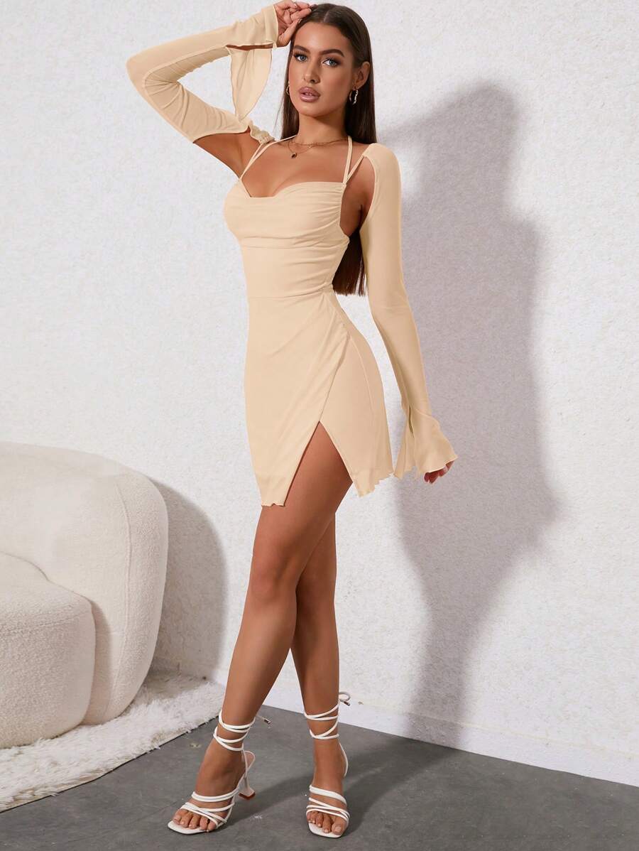 Barbie Draped Collar Flounce Sleeve Split Hem Mesh Dress