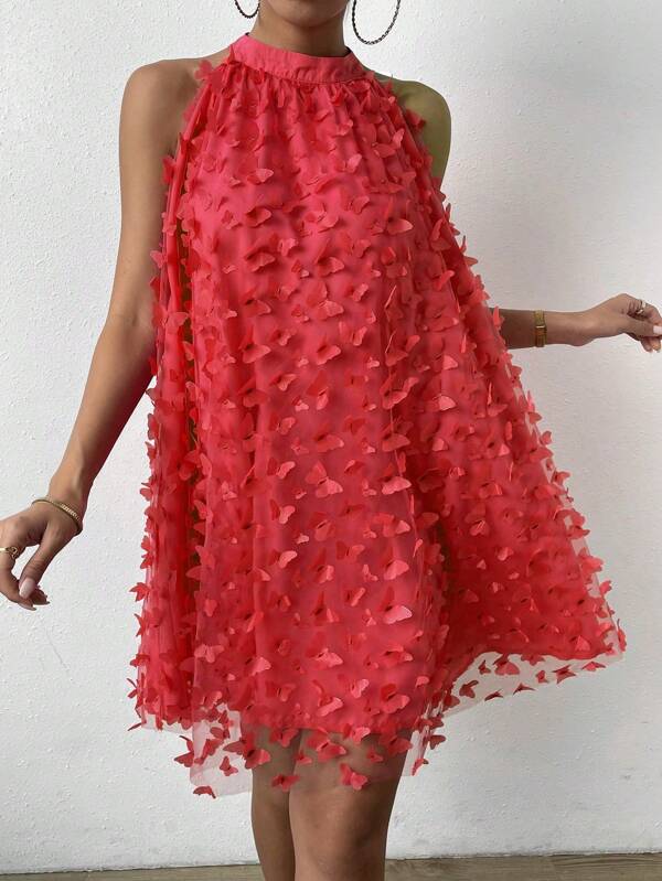 Barbie Butterfly Appliques Mesh Overlay Halter Dress