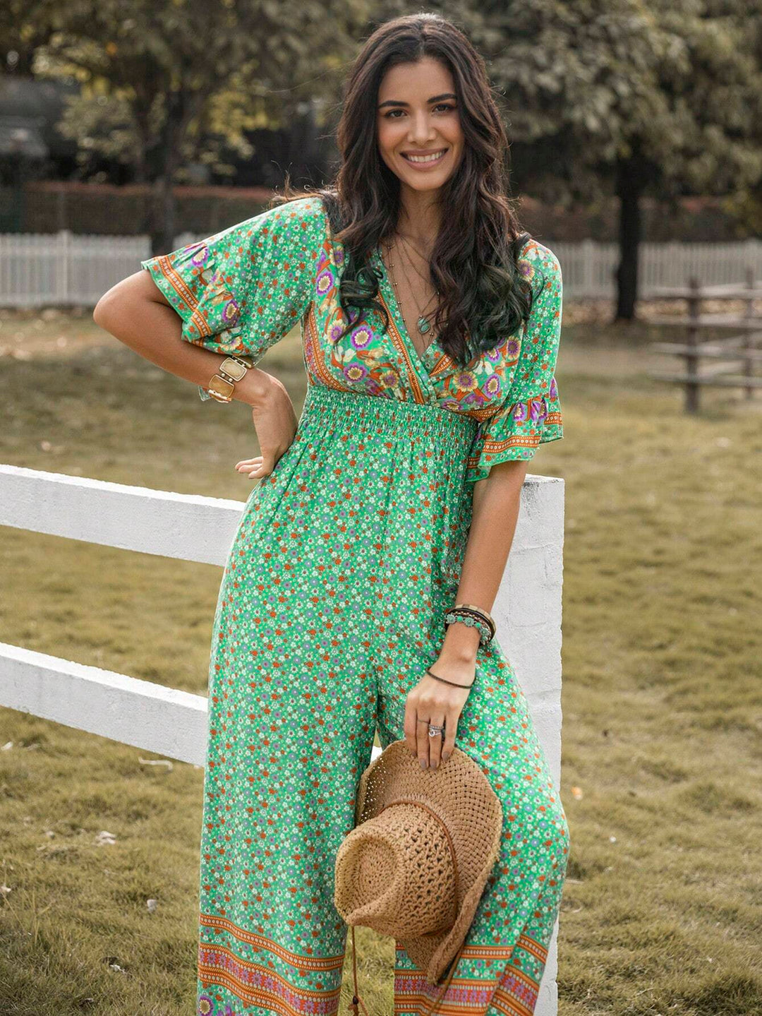 Floral Print Flounce Sleeve Wide Leg Jumpsuit