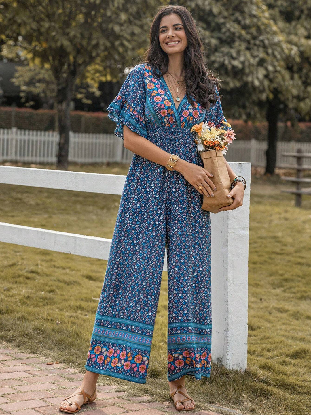 Floral Print Flounce Sleeve Wide Leg Jumpsuit