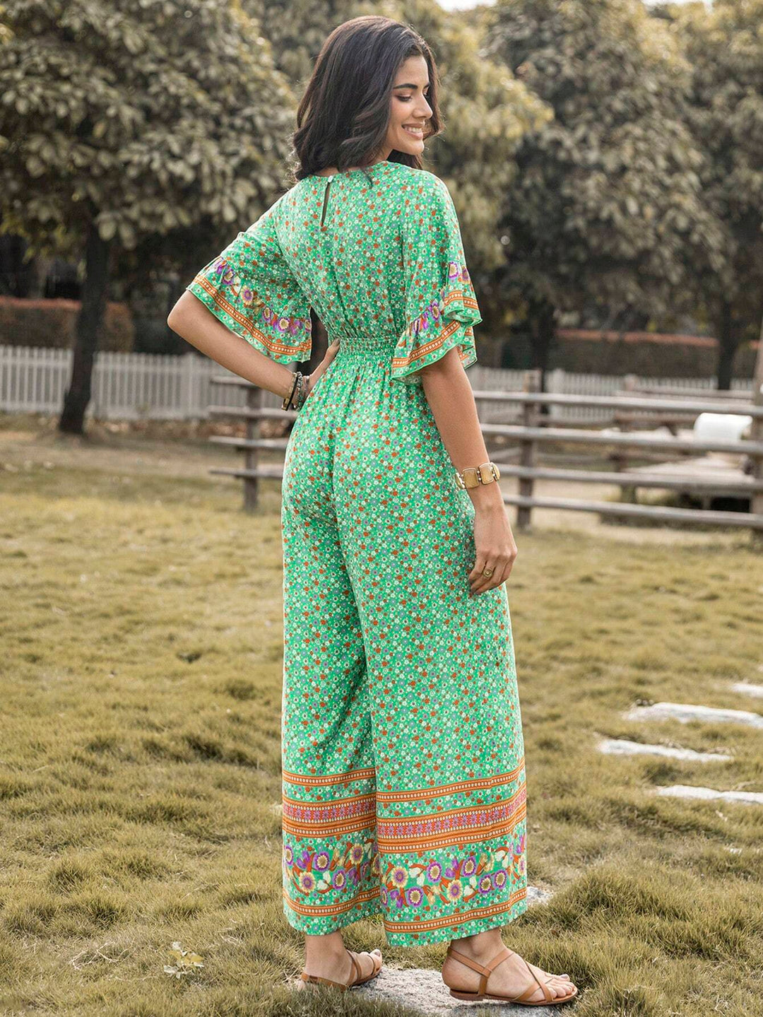 Floral Print Flounce Sleeve Wide Leg Jumpsuit