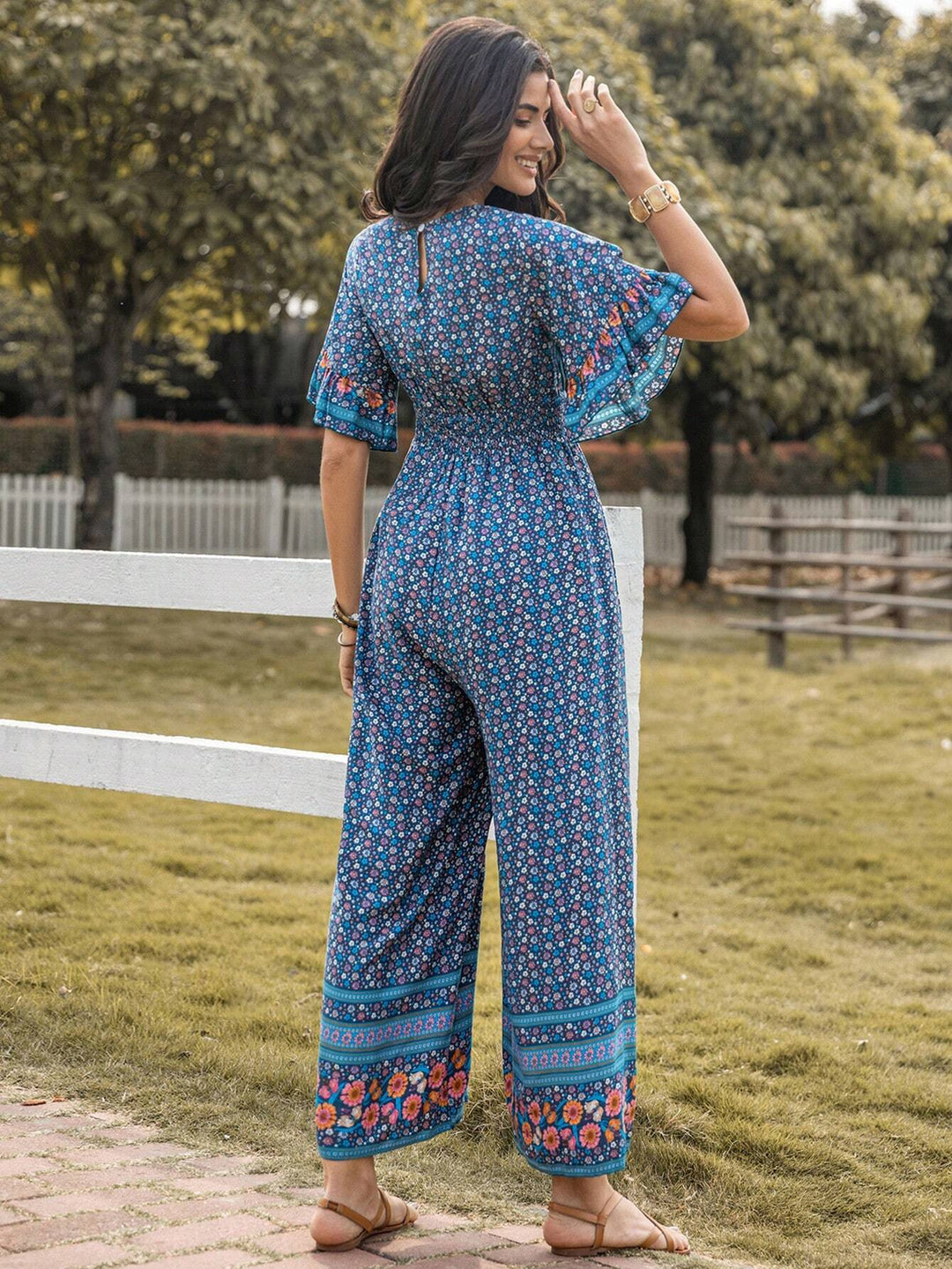 Floral Print Flounce Sleeve Wide Leg Jumpsuit