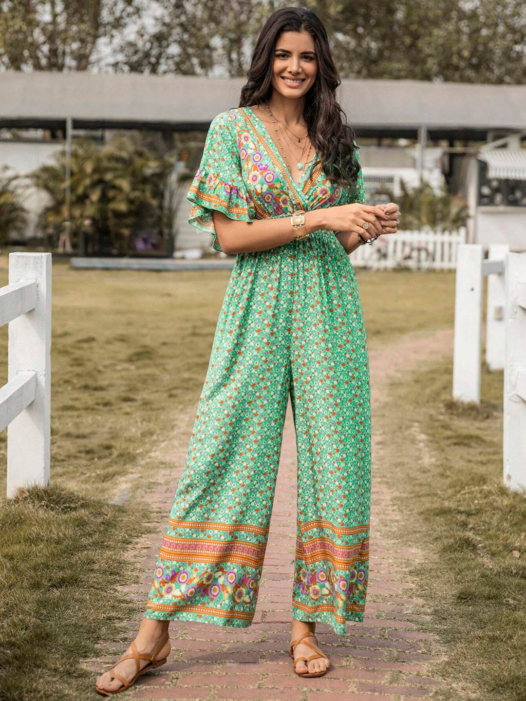 Floral Print Flounce Sleeve Wide Leg Jumpsuit