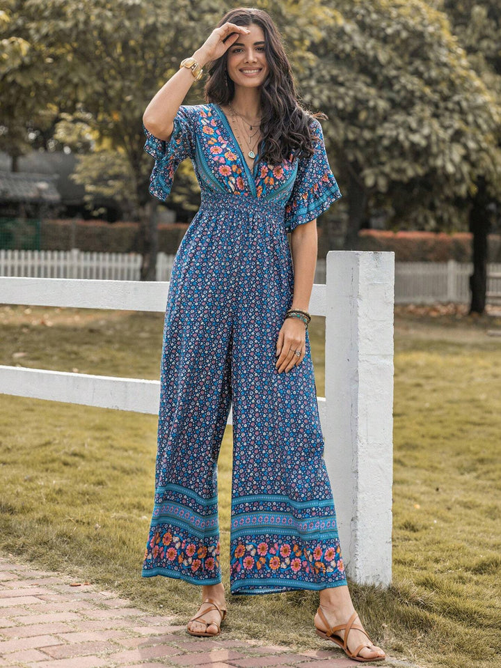 Floral Print Flounce Sleeve Wide Leg Jumpsuit