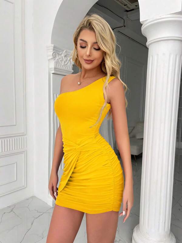Barbie One Shoulder Twist Front Ruched Casual Dress