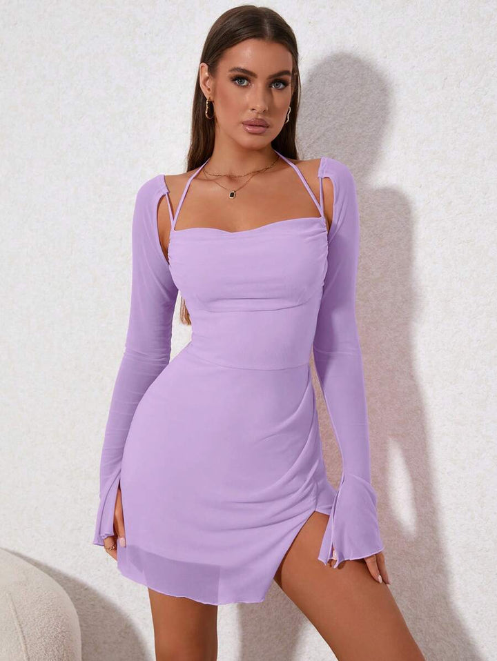 Barbie Draped Collar Flounce Sleeve Split Hem Mesh Dress